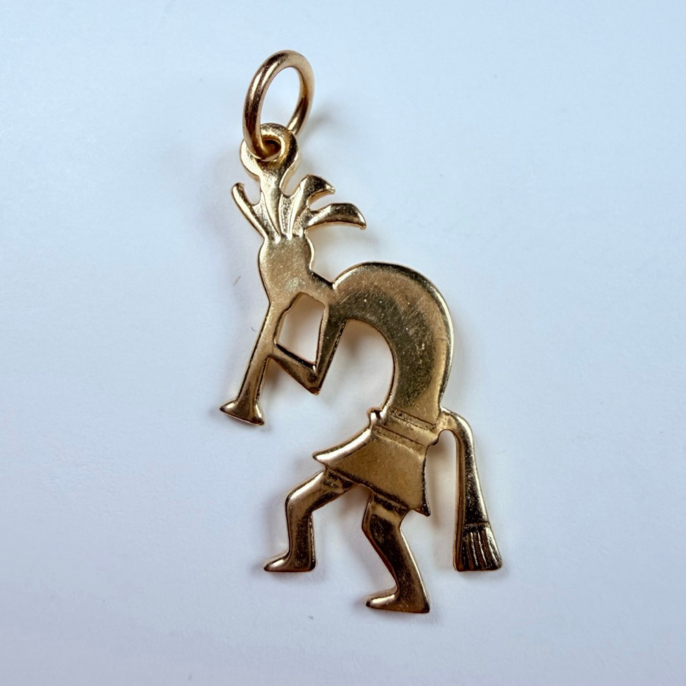 14K Solid Yellow Gold Native American Kokopelli Flute Player 1.2" Charm Pendant
